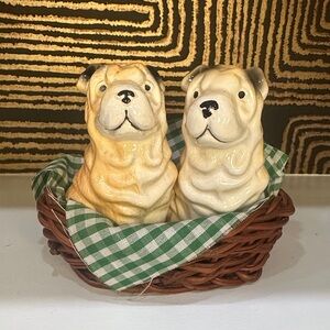 Charming Ceramic Dog Salt & Pepper Shakers in Basket